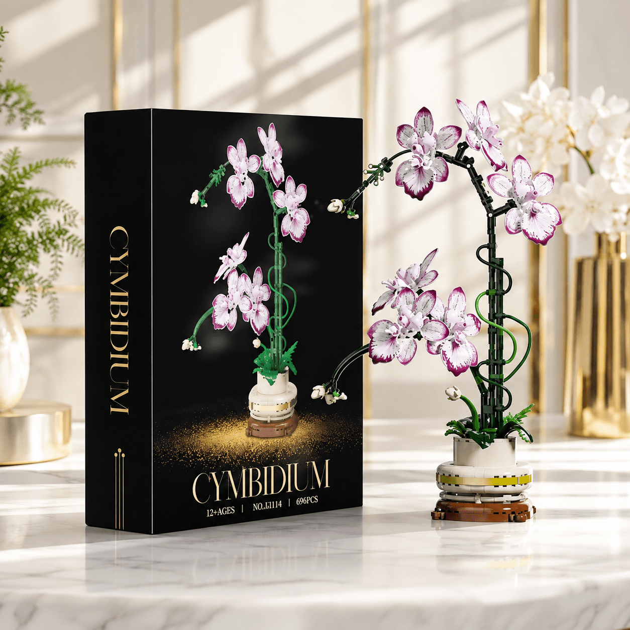 Cymbidium Orchid Building Set box with built orchid flower model on a marble table